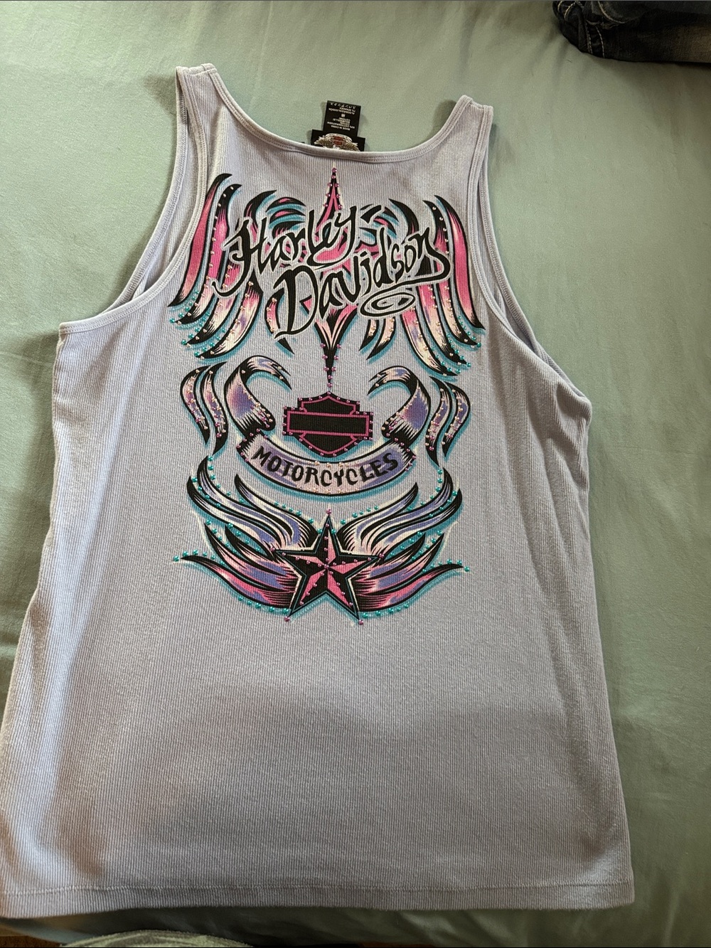 Harley-Davidson Light Lavender Tank with Rhinestone Logo and Floral Accent - Picture 4 of 5